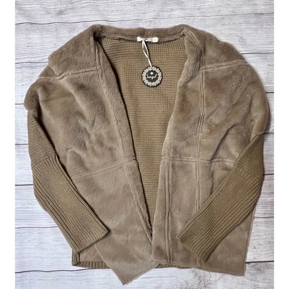 NWT Hazel by Anthropologie Faux Fur Knit Tan Jacket L - Picture 1 of 4